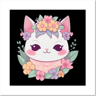 Cat cute kawaii with a flower crown Posters and Art